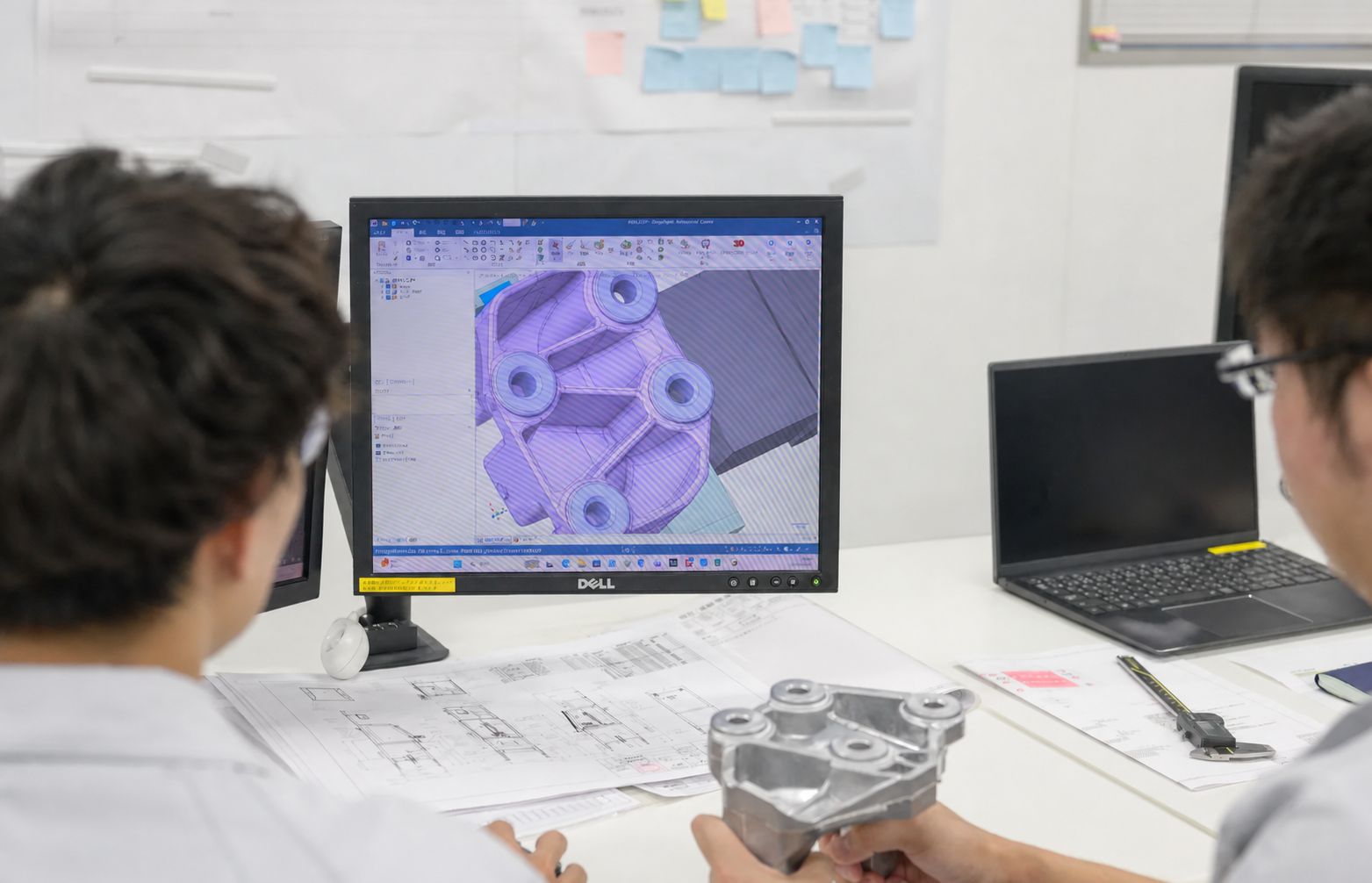 CAD画面で製品設計を確認する開発スタッフ